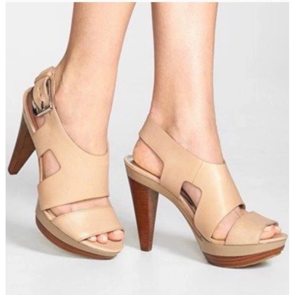 Michael Kors Carla Tan Leather Platform Heel Slingback Women's Sandals Sz 9.5